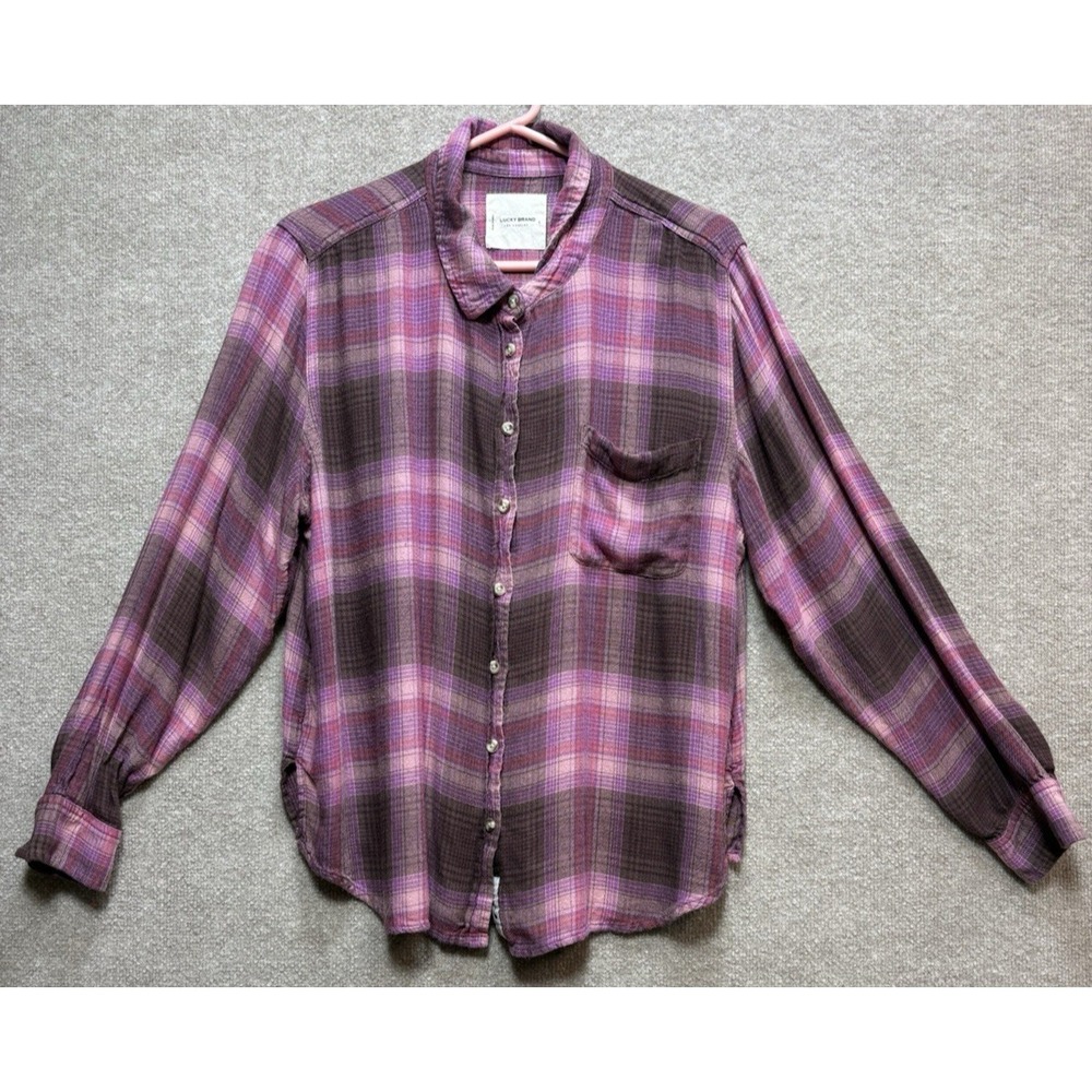 Lucky Brand Woman's Large Western Button Up Flannel Shirt Plaid Red Pink GUC